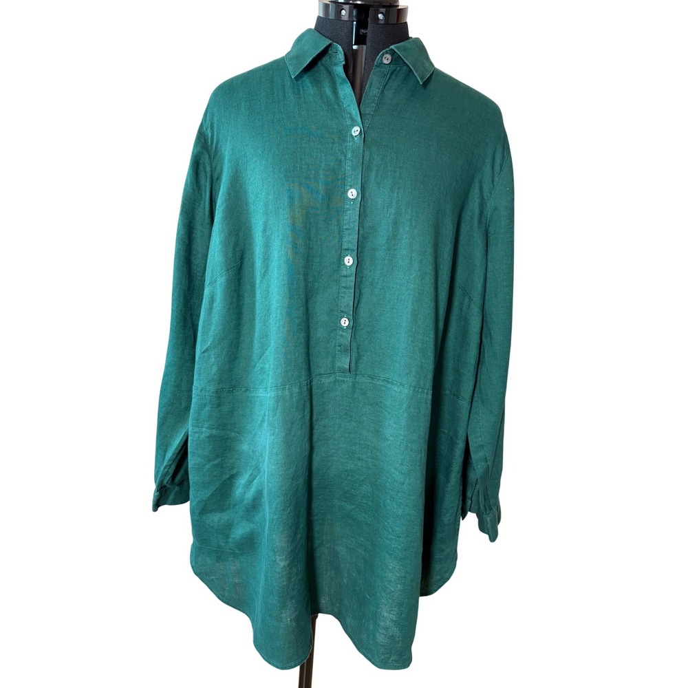 J.Jill Love Linen Dark Green Tunic Top Womens XL Long Sleeve Button Front Pocket